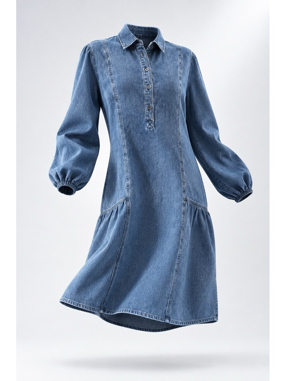 Falls Creek New Womens Medium Dress Blue Denim 1/2 Button Front Longsleeved
